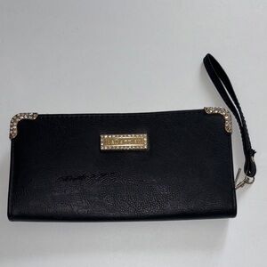 BEDAZZLED BRAND BLACK VEGAN LEATHER WALLET/WRISTLET GOLD ACCENTS AND RHINESTONES